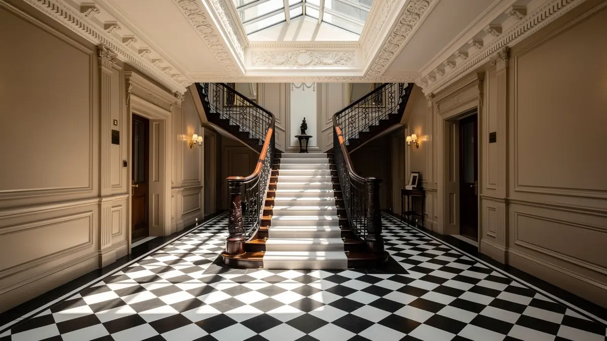 Grand entrance hallway of a London mansion block with period features