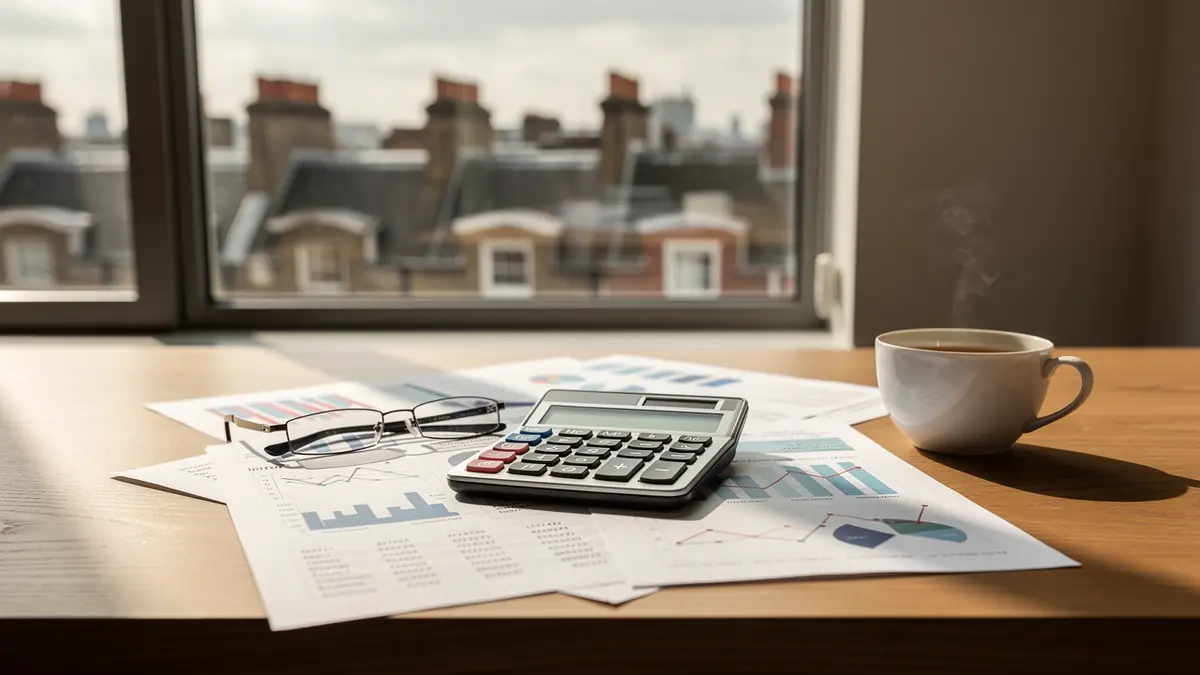 Financial paperwork and calculator on a desk overlooking London rooftops