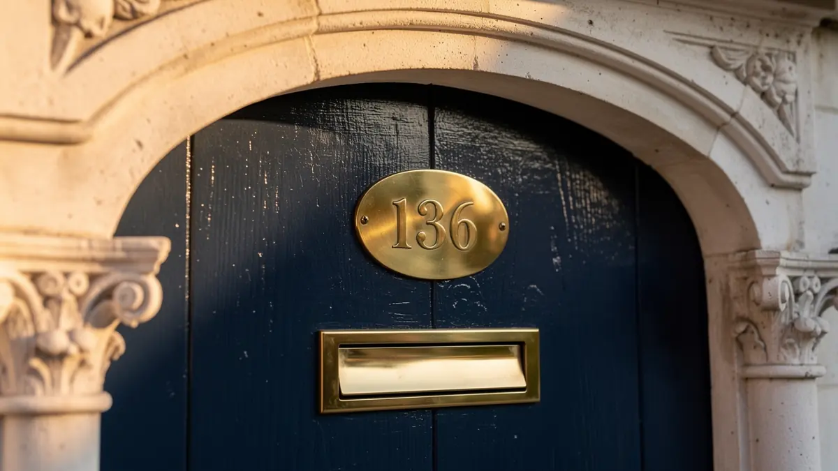 Brass door number on a London flat entrance representing marriage value in leasehold property