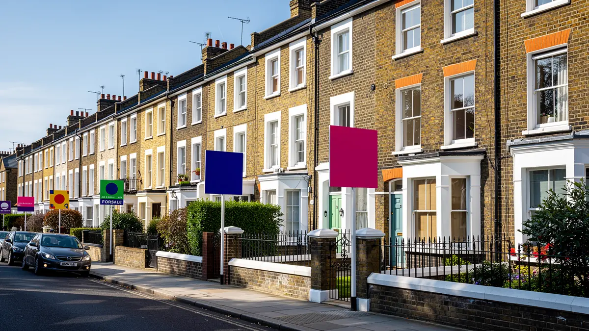 London residential street with for sale signs comparing selling options for short lease flats
