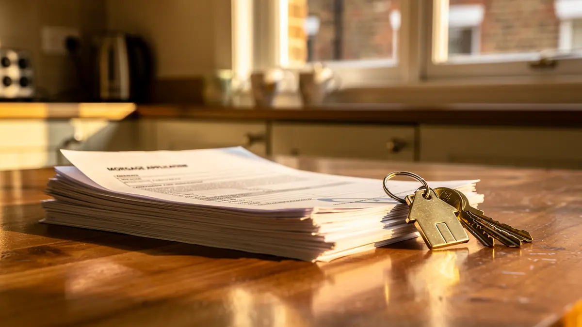 Mortgage application paperwork and house keys on a kitchen table in a London flat