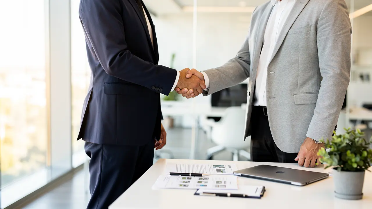 Property buyer and seller shaking hands after agreeing a cash offer on a short lease flat