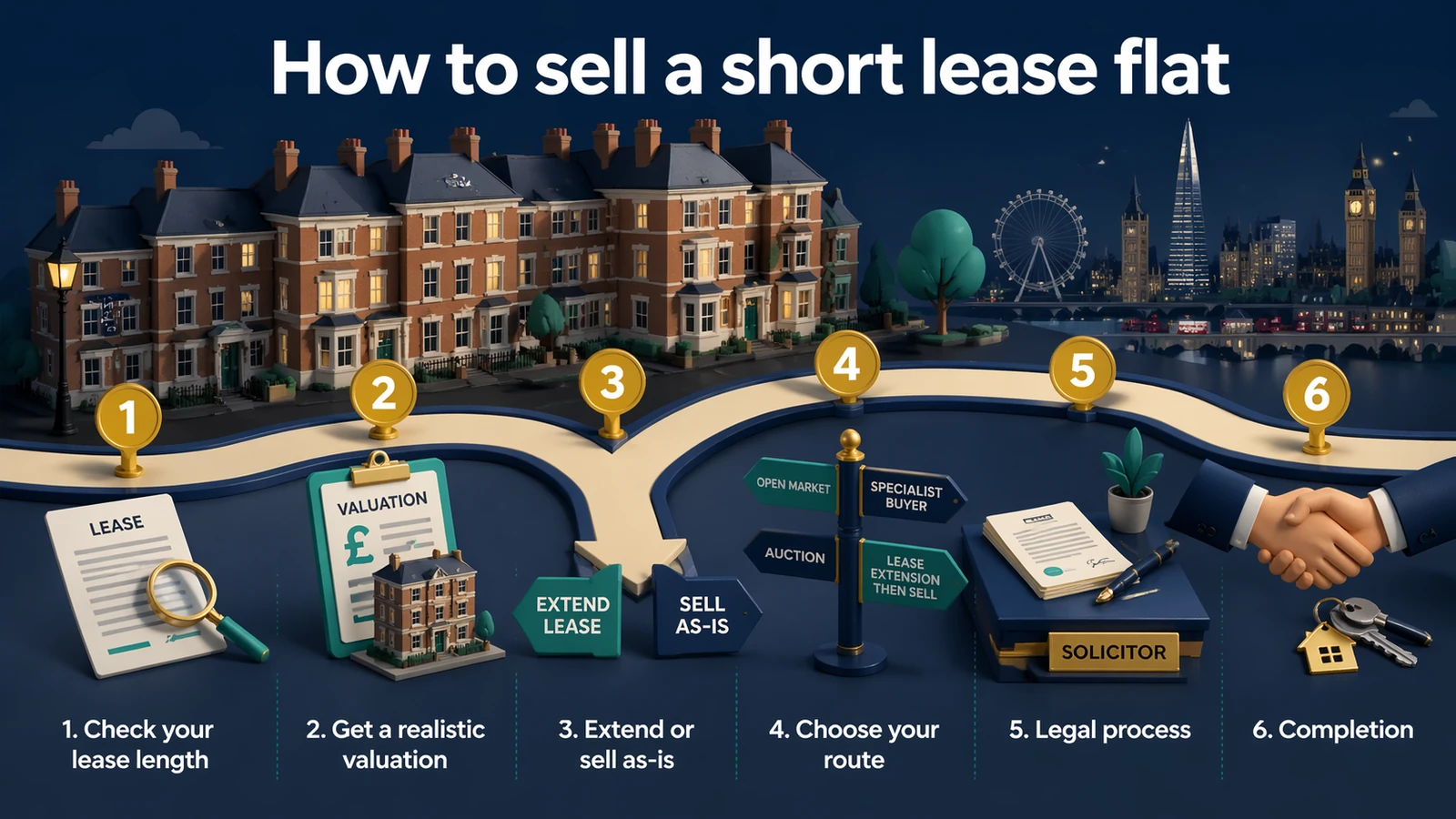 How to sell a short lease flat in the UK: six-step process covering lease length check, realistic valuation, extend or sell as-is decision, choosing your route (estate agent, auction, extend then sell, specialist cash buyer), legal process and completion