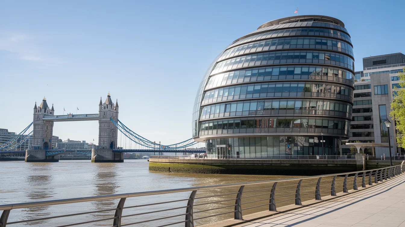 City Hall on the south bank of the Thames with Tower Bridge in the background on a bright spring day