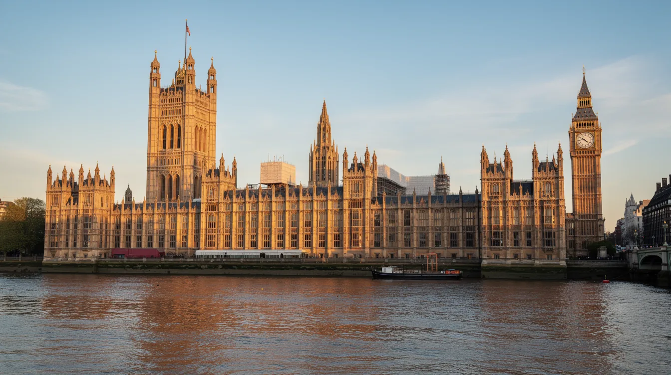 The Palace of Westminster viewed from Lambeth Bridge across the Thames at late spring golden hour
