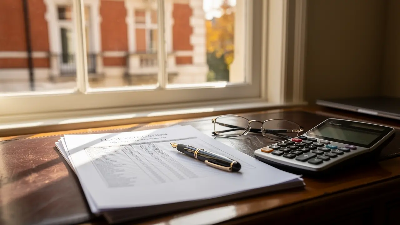 A chartered surveyor's desk with lease valuation papers, a fountain pen, reading glasses and a calculator, with a red brick London mansion block through the window in autumn light