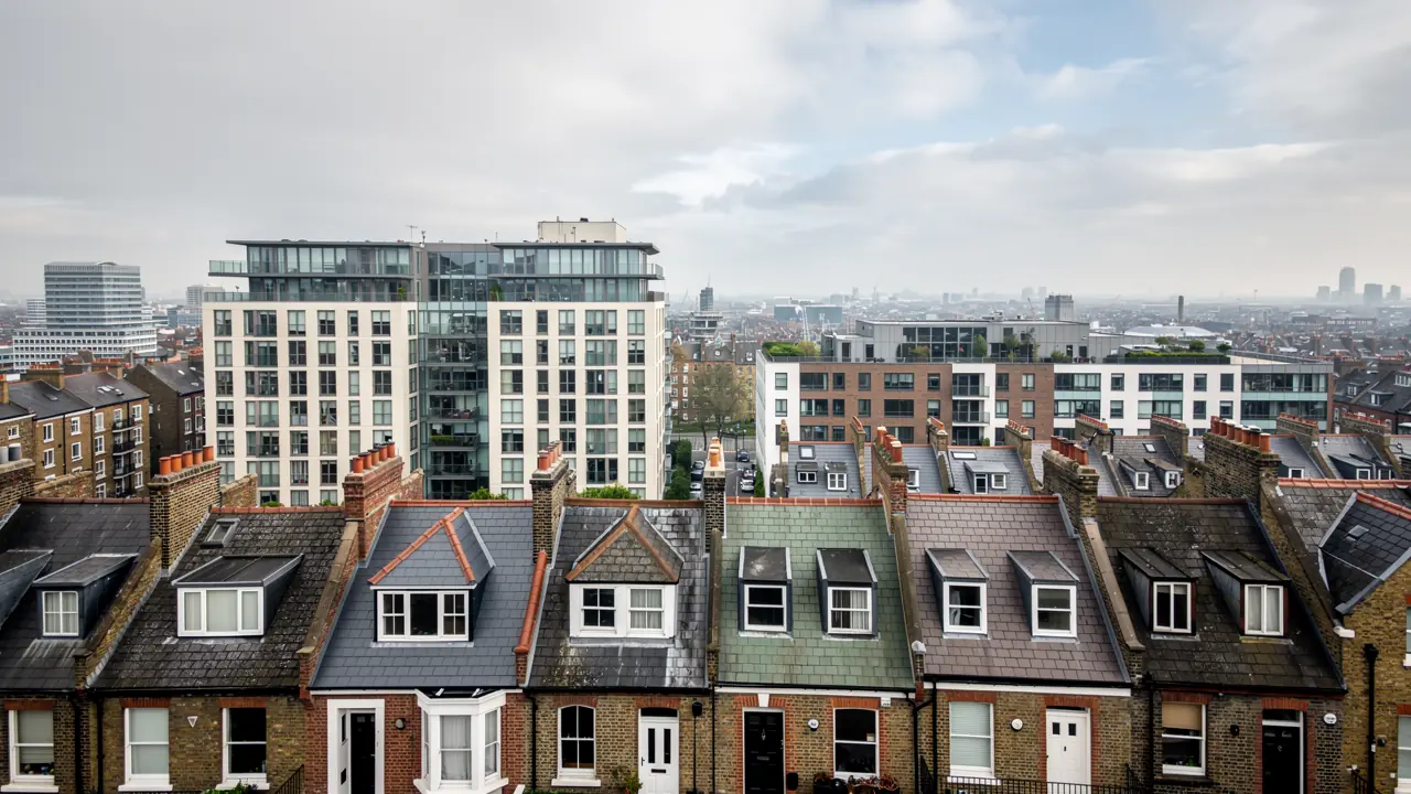 London residential rooftops showing Victorian terraces and modern apartment buildings