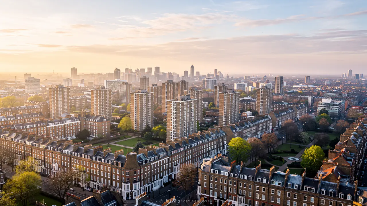 View across London rooftops with a mix of Victorian and modern residential buildings