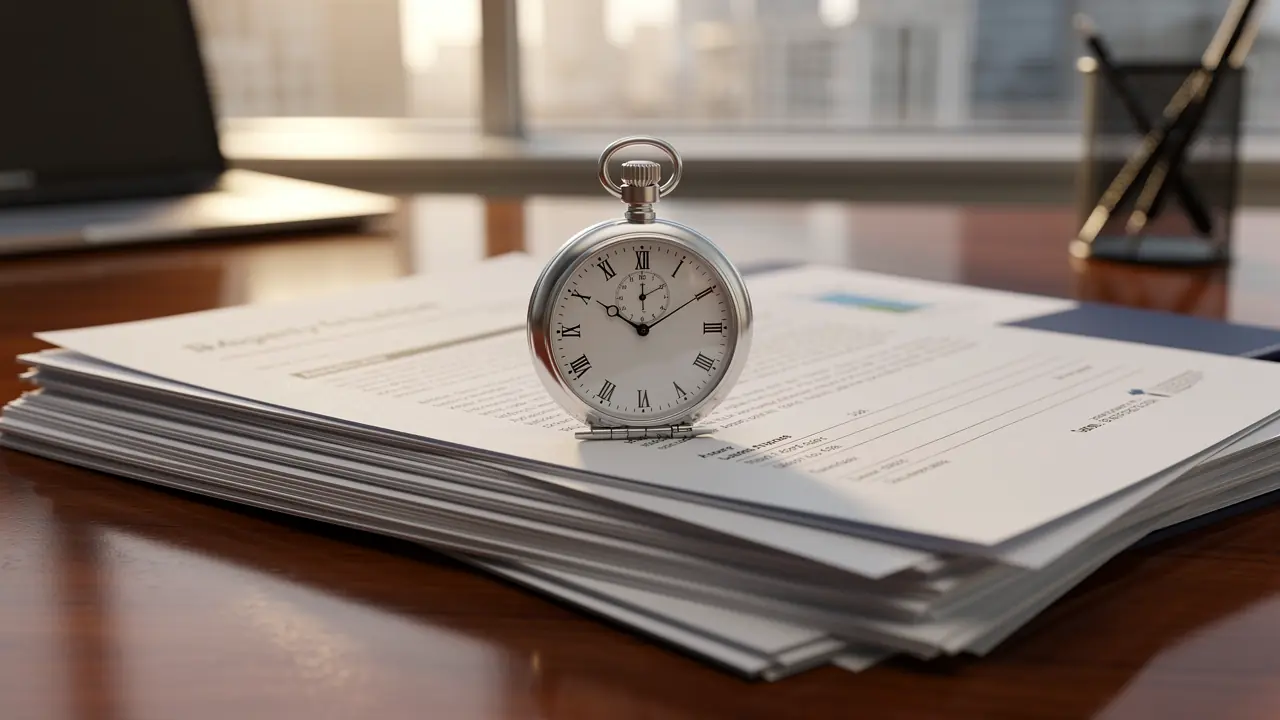 Pocket watch on legal lease documents in a London property office