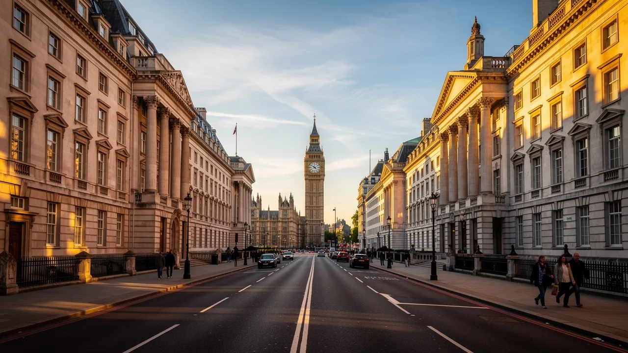 Whitehall in London with classical government buildings and Big Ben in the distance at golden hour