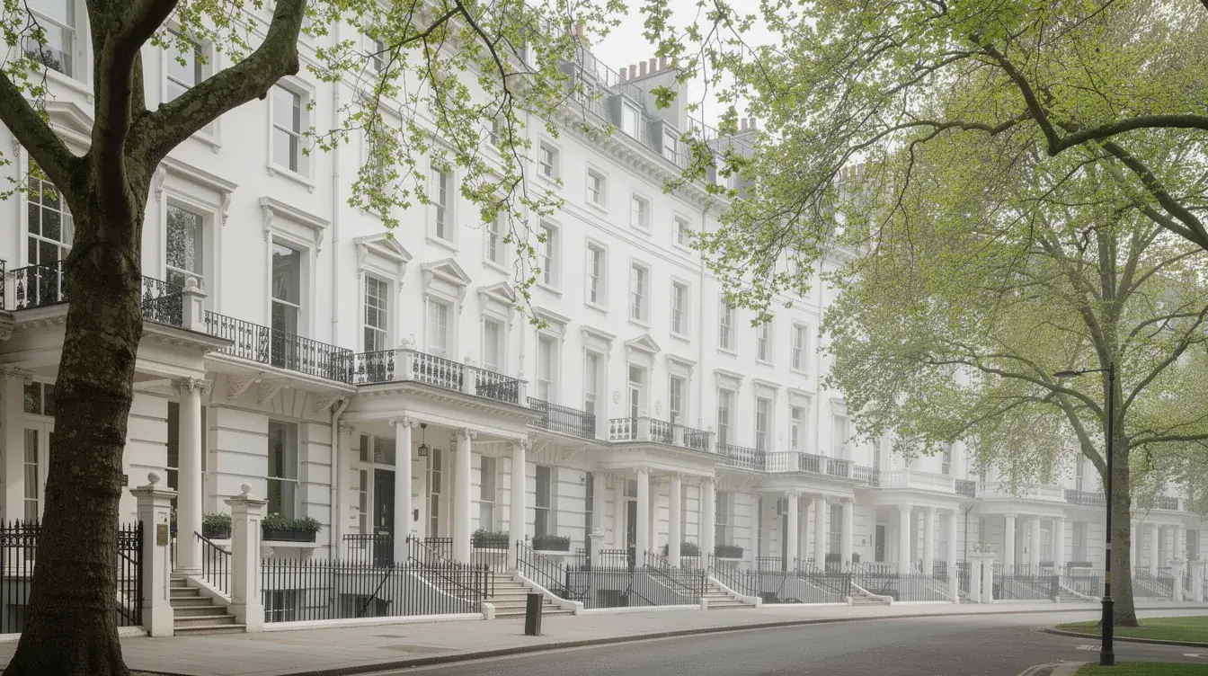Elegant white stucco terraced crescent in Belgravia, prime central London