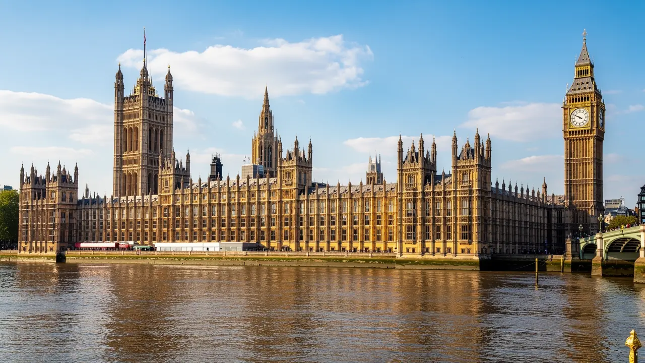 Houses of Parliament viewed across the Thames on a clear spring morning