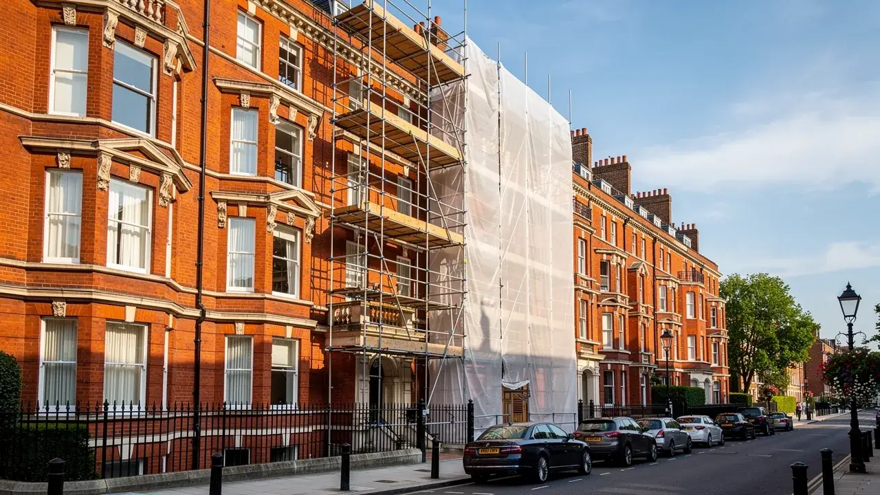 A red brick London mansion block clad in scaffolding and sheeting for major works on a bright summer day